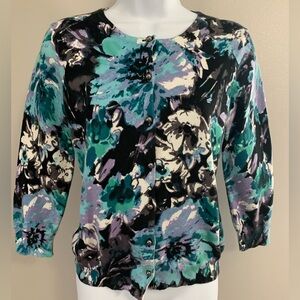 Cable & Gauge Floral Button-Front Cardigan in Teal, Black & Lavender